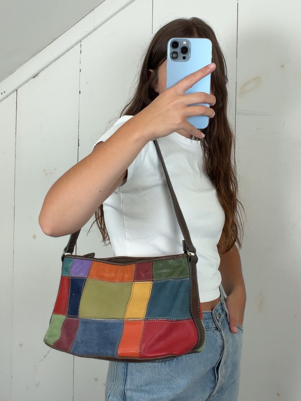 Vintage Pelle Studio Colorful Patchwork Leather Suede Shoulder Bag Zip Closure